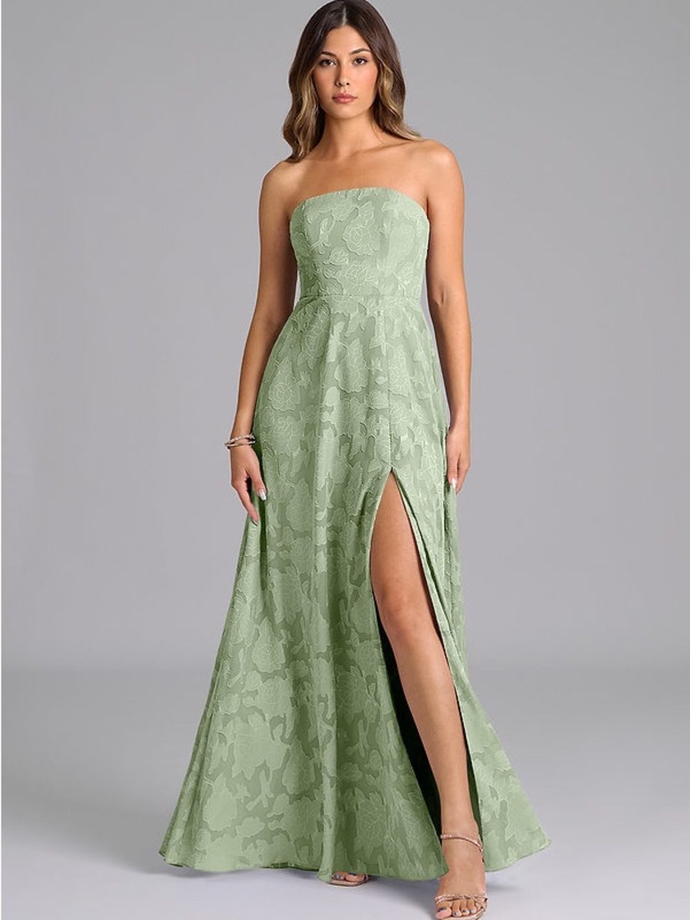 Azazie Sage Green Strapless Evening Gown with High Slit